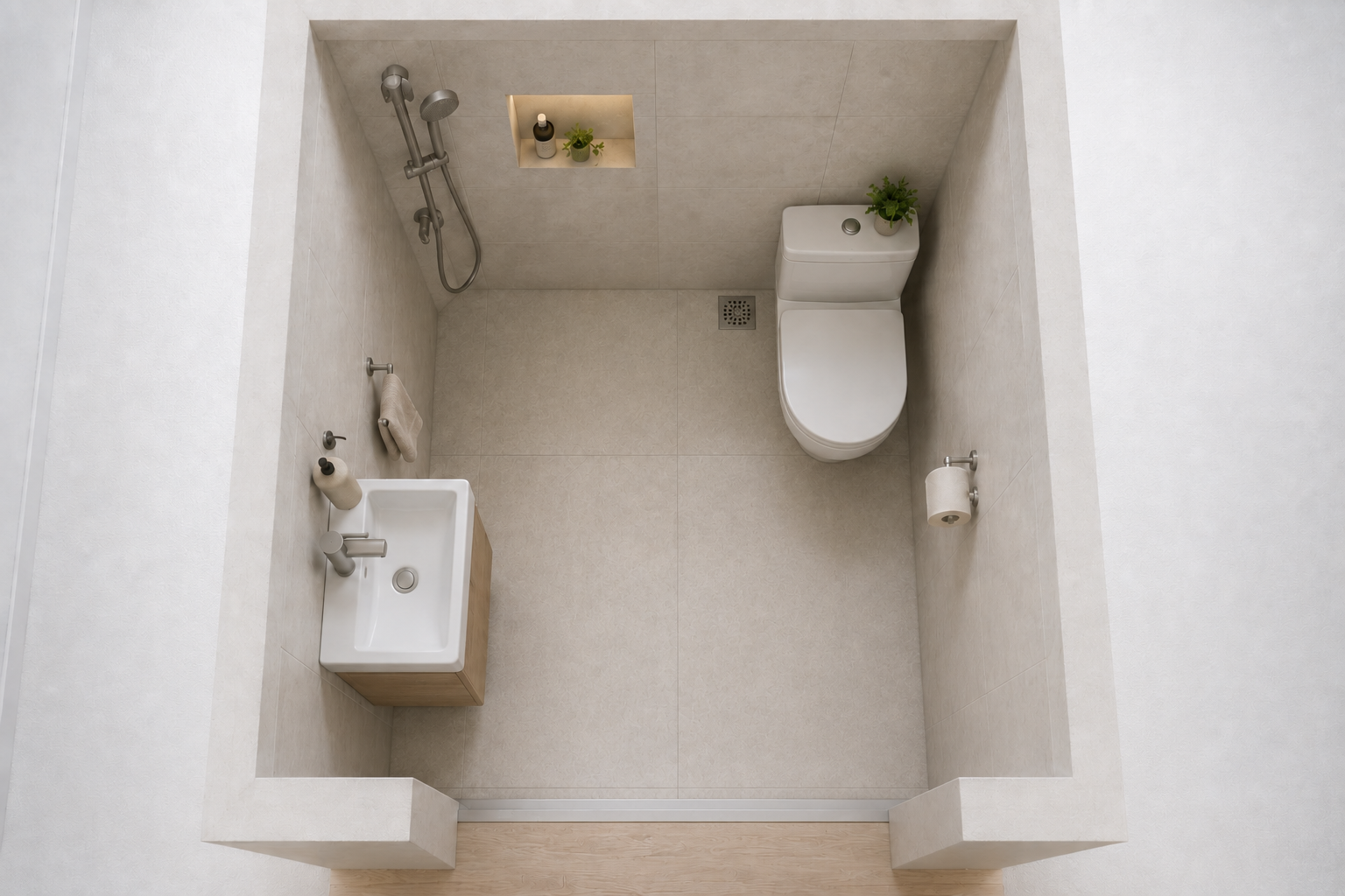 5 cách bố trí bồn cầu, lavabo và khu tắm trong phòng tắm 3–5m²
